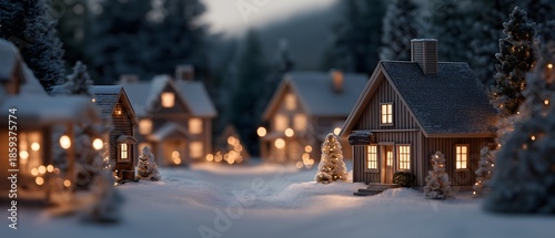 A tranquil village scene, illuminated by the warm glow of house lights during a winter evening, evokes a sense of peace and homeliness.