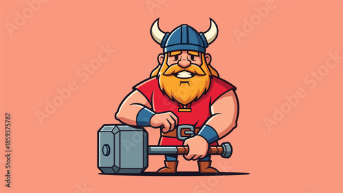 Cartoon Viking Warrior Holding a Hammer Ready for Battle.