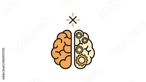 Vector illustration of a brain split, one side solid, the other gears, with a spark