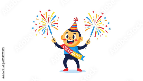 Happy cartoon character celebrating with colorful fireworks and party hat