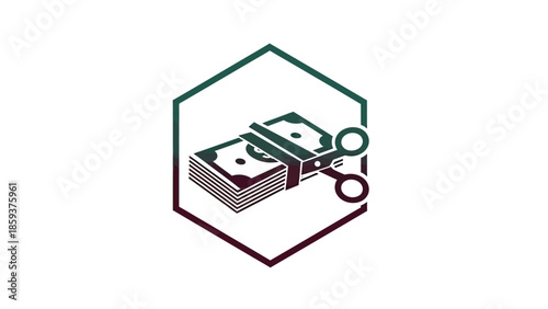 Graphic of money being cut by scissors within a hexagon frame