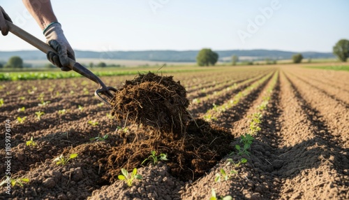 Closeup medium shot of fresh manure being carefully applied to farmland highlighting organic fertilization methods for healthy crops.
