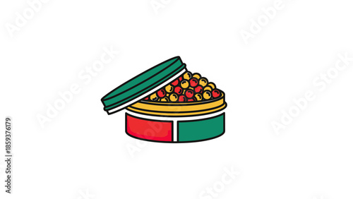 Cartoon illustration of opened tin filled with small red and yellow spheres on white background