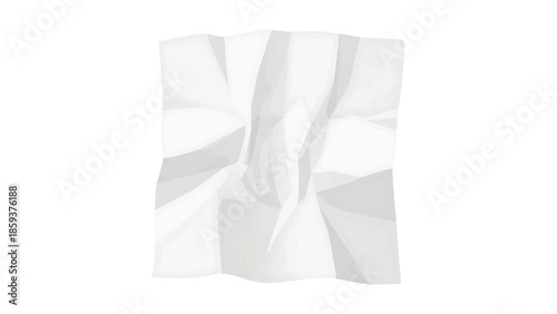 A digitally rendered image presents a crumpled piece of paper in shades of white and gray, set against a pristine white background. The intricate folds, shadows, and highlights give depth and texture