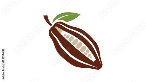 Stylized illustration of a cocoa pod with seeds and a leaf. The colors are earthy