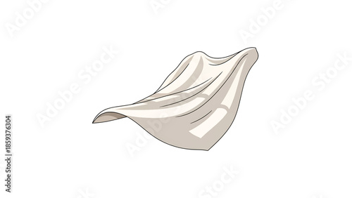 A digitally rendered, isolated depiction of a flowing fabric or cloth, featuring soft beige and white colors. The cloth is billowing