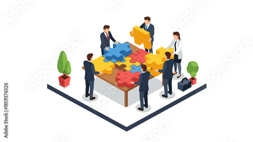 Team collaboration concept with businesspeople assembling puzzle pieces in isometric design