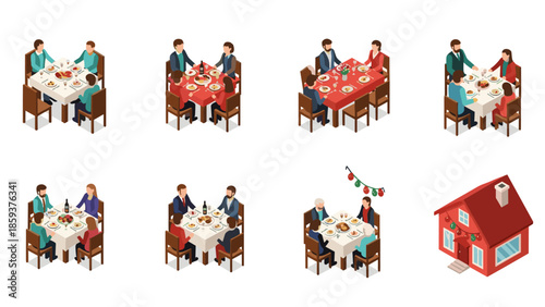 Isometric family and friends dining scenes in festive holiday setting
