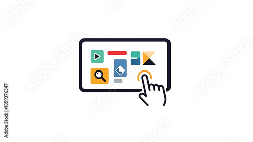 A digital tablet displays various application icons with a hand interacting. The icons hint at play, search, editing, and data. The design is simple, flat, modern