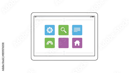 A digital tablet displaying a user interface with colorful square icons. The icons symbolize various functions such as settings, search, file organization, etc