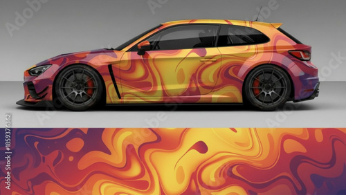 A sleek sports car featuring a vibrant, custom liquid swirl wrap in fiery orange and red tones, with a matching background pattern.