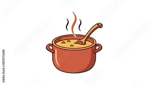 An illustration shows a pot of steaming soup with a wooden ladle inside