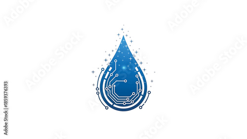 A digital water drop icon, rendered in blue with a circuit board integrated within, and sparkling elements