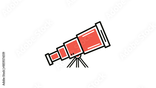 A stylized telescope icon, red and black, on a white background, angled slightly upwards