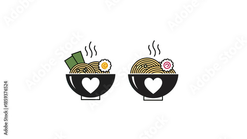 Two vector-style bowls of steaming ramen, one with nori and egg, one with narutomaki