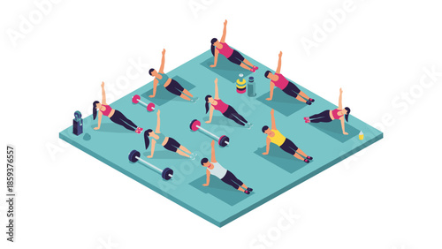 Group exercise class in isometric style with diverse participants doing planks in gym setting