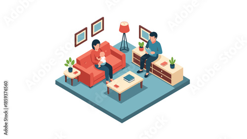 Cozy living room with family time: isometric illustration of relaxation and togetherness