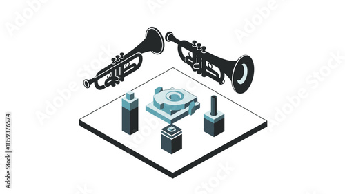 Isometric music scene with trumpets and geometric structures