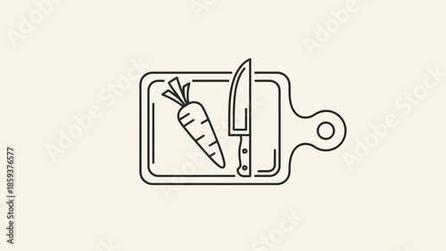 Simple line drawing illustration of a carrot, knife, and cutting board