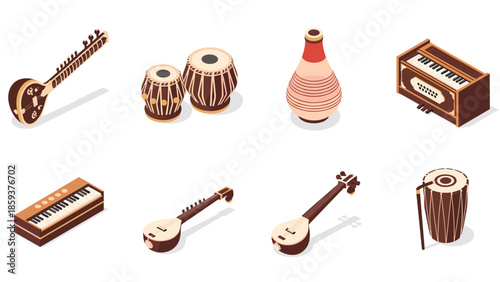 Traditional indian musical instruments in isometric design