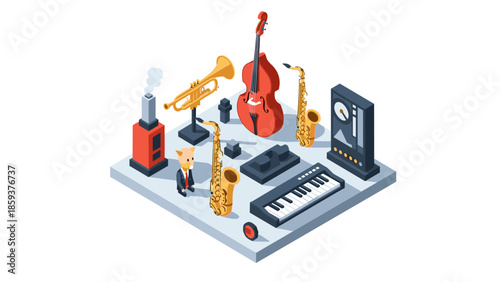 Isometric jazz instruments and equipment with fox figurine in flat design