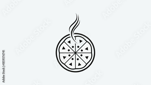 A black and white vector illustration of a pizza with steam rising above it