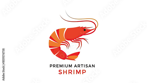 Vibrant vector illustration of a shrimp in red and orange, with text "Premium Artisan Shrimp