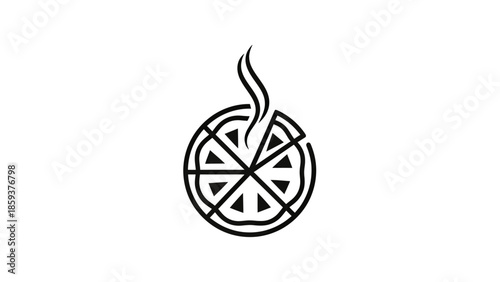 Simple black and white logo with pizza slices, steam, and a circular outline on white