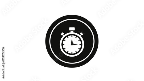 A black and white graphic of a stopwatch inside a circle, set against a white backdrop