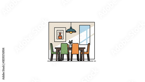A dining room illustration showcasing a table with four chairs, a hanging light, a window, a painting, and a vase with greenery