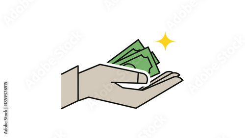 Cartoon hand holding money with a yellow star on white background