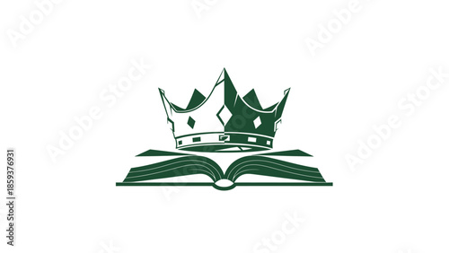 A green crown rests atop an open book, a symbol of knowledge and authority