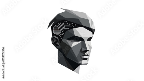Low poly style depiction of a human head with circuit board integrated into the skull