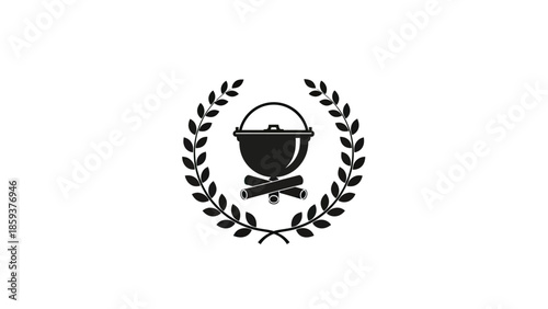 Black and white illustration of a cauldron over a fire, encircled by a laurel wreath