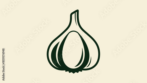 A dark green, stylized illustration of a garlic bulb with a beige background