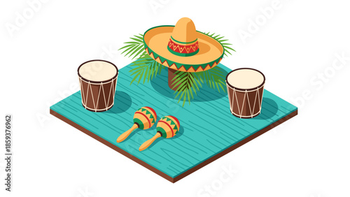 Traditional music and culture in isometric mexican fiesta scene