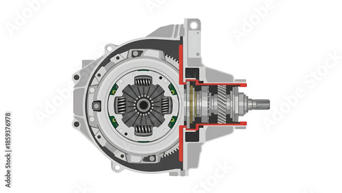 A detailed cross-section of a mechanical assembly, showcasing gears, clutch components, and internal mechanisms. The illustration is precise, revealing the internal structure of the part