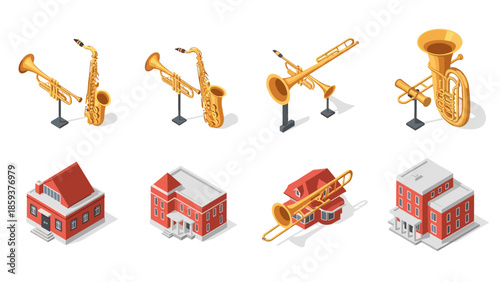Isometric brass instruments and buildings collection for music and architecture enthusiasts