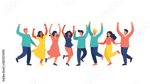 A diverse group of people, illustrated in a flat, colorful style, celebrating. Their arms are raised in joy, jumping with happiness, and dressed in casual attire