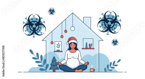 Pregnant woman sitting in a lotus pose and meditating inside her house while biohazard virus symbols float outside during a pandemic.
