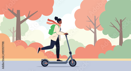 Young woman with a backpack and scarf riding an electric scooter along a path in a colorful autumn park with orange and green trees.