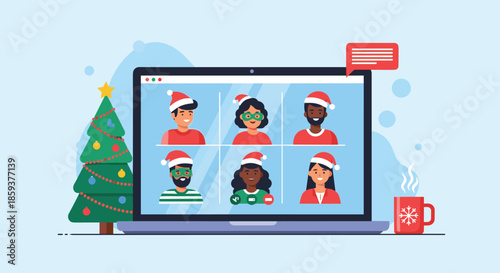 Laptop screen displaying a group video call with six diverse people wearing red Santa hats next to a Christmas tree and coffee mug.