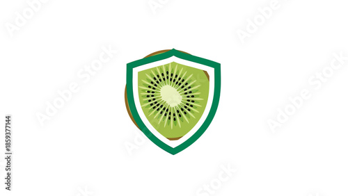Vector graphic of a kiwi fruit slice with black seeds inside a green shield shape