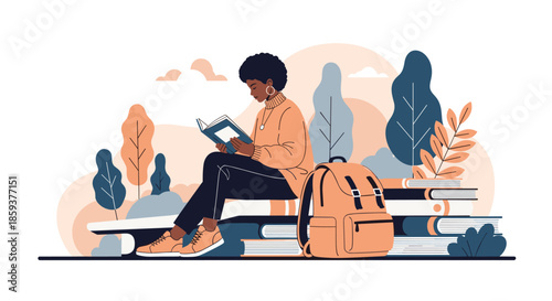 Young African American woman sitting on a large pile of books and reading a book in a peaceful landscape with trees and clouds.