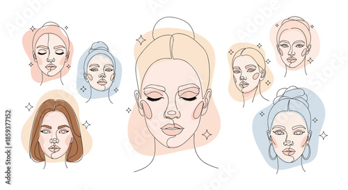Diverse collection of female face portraits in a stylish line art technique with soft color patches and sparkling star accents.