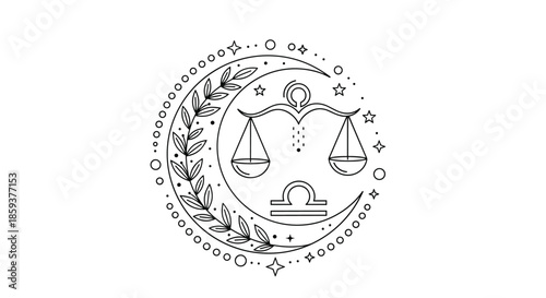 Libra zodiac sign illustration featuring the scales of justice within a crescent moon surrounded by stars and botanical leaves.