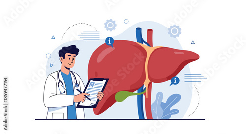 Male doctor in a white coat holding a clipboard and standing next to a giant anatomical illustration of the human liver with gallbladder.