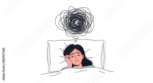 Woman lying in bed at night with a large tangled scribble cloud over her head symbolizing insomnia, worry, and overthinking.