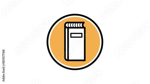 A white book icon within an orange circle, bordered by black lines, on a white background