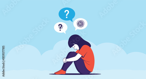 Young girl sitting alone and looking sad with speech bubbles containing a question mark and a tangled scribble representing confusion.